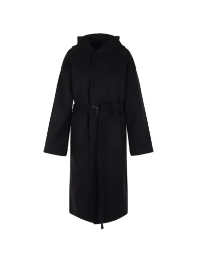 Rick Owens Tower Hooded Belted Coat In Black