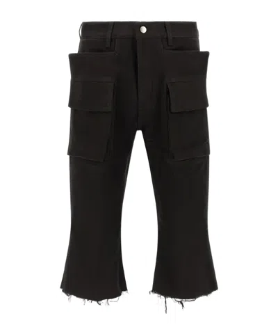 Rick Owens Tower Runway Cargo Bolan Distressed Cut Off Trousers In Black