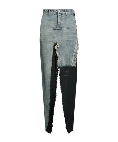 Rick Owens Twotone Denim Midi Skirt In Blue