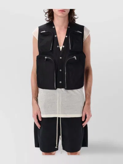 Rick Owens Black Vest With V-neck And Cargo Pockets In Cotton Man