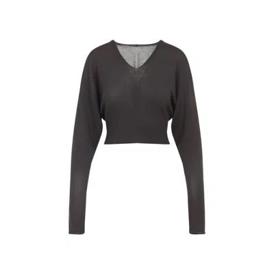RICK OWENS V CROPPED BROWN VIRGIN WOOL PULLOVER