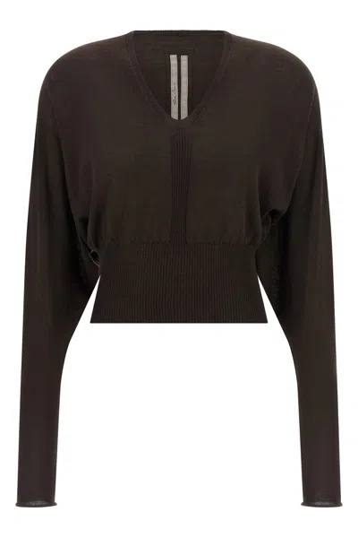 Rick Owens Cropped Knit Top V Neckline Long Sleeves In Brown