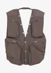 Rick Owens Cargo Vest With Open Back And High Collar In Brown