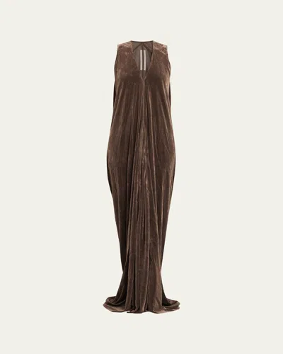 Rick Owens V-neck Sleeveless Flowy Velvet Gown In Brown