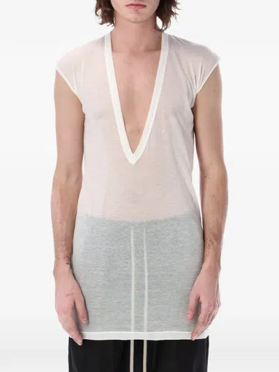 Rick Owens Deep V Cotton Jersey Drawstring T Shirt In White