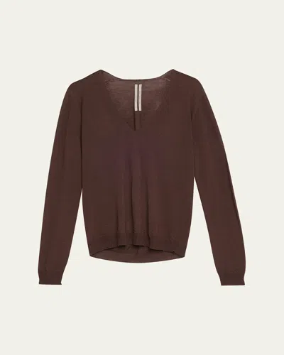 Rick Owens V-neck Wool Sweater In Mahogany