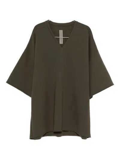 Rick Owens Oversized V Neck T-shirt With Raw Hem In Gray