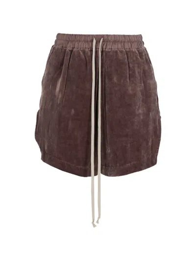 Rick Owens Velvet Drawstring Mini Shorts In Brown
