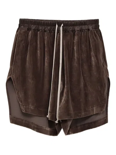 Rick Owens Velvet Side-split Shorts In Brown