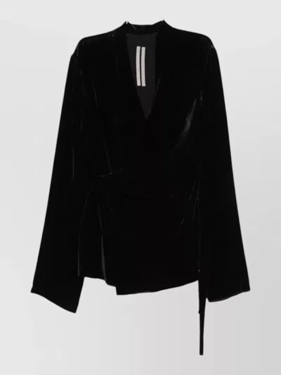 Rick Owens Velvet Wrap Dress Long Sleeves Belt In Black