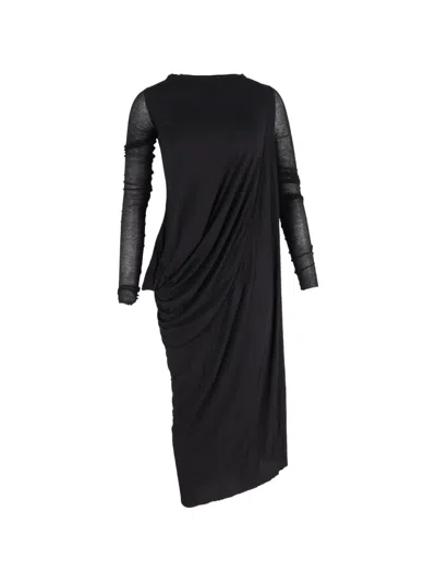Pre-owned Rick Owens Vintage Draped Long-sleeve Midi Dress In Black