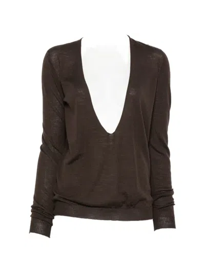 Rick Owens V-neck Sweater In Brown
