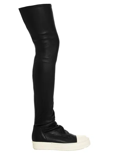 RICK OWENS WOMEN BLACKWHITE SOLID HIGH STOCKING SNEAKS BOOTS, 7.5 LUXURY BOOTS FOR WOMEN DARVEYS