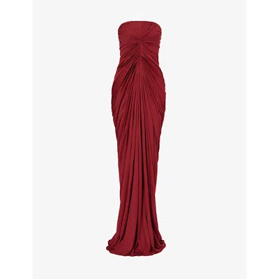 Rick Owens Womens Cherry Radiance Ruched Slim-fit Cotton Maxi Dress In Red