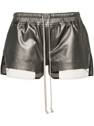 Rick Owens Grey Lambskin Metallic Shorts For Women With High-low Hem And Drawstring Fastening In Gray