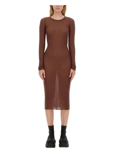 RICK OWENS WOMEN'S RICK OWENS RIB-KNIT DRESS NATURAL COCOA COLOR SLIGHTLY SHEER RAW-CUT COLLAR AND CUFF HEM SIG