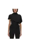 Rick Owens Asymmetric Draped Waist High Neckline Short Sleeves In Black