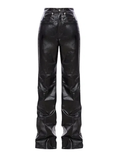 Rick Owens Women Waxed Cotton Jeans With Leather Effect In Black