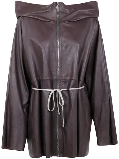 Rick Owens Women Zipfront Hooded Leather Jacket In Brown