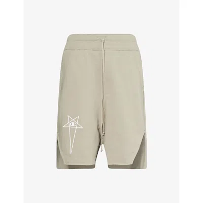 Rick Owens Womens  X Champion Beveled Logo-embroidery Cotton-jersey Shorts Beige In Sand