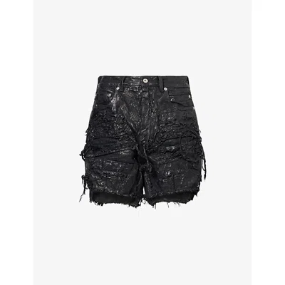 Rick Owens Womens Cut-off Distressed Waxed Cotton Shorts Black