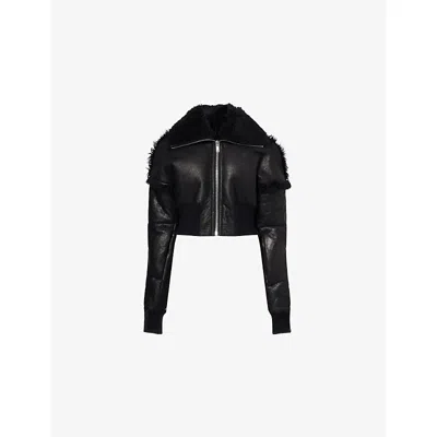 Rick Owens Womens Black Exaggerated-collar Cropped Shearling Jacket