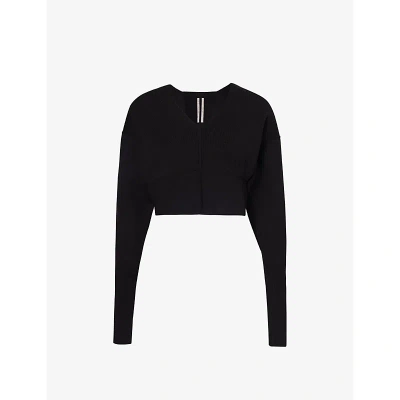 Rick Owens Womens Black V-neck Cropped Cotton Knitted Jumper