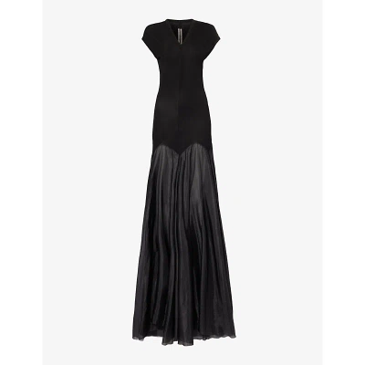 Rick Owens Womens Black V-neck Flared-hem Silk-blend Jersey Maxi Dress In 09 Black