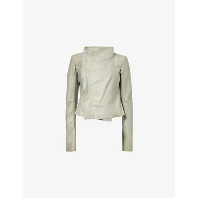 Rick Owens Womens  Low-neck Asymmetric-zip Biker Leather Jacket In Celadon
