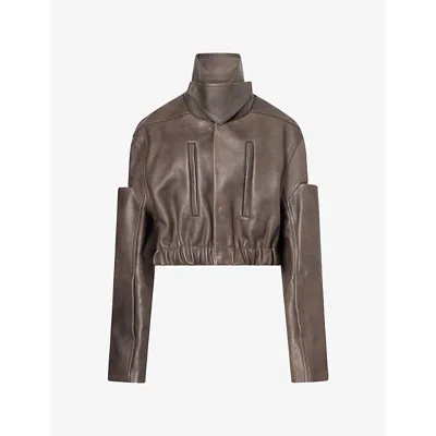 Rick Owens Womens Collared Mac Leather Bomber Jacket Washed Black In Animal Print