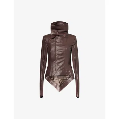 Rick Owens Womens Macassar Naska Funnel-neck Leather Biker Jacket In Brown