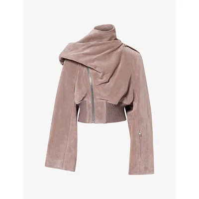 Rick Owens Womens Scarf Asymmetric Leather Bomber Jacket Grape