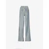 Rick Owens Womens Washed Indigo Drawstring Bias Flared Woven Trousers In Blue
