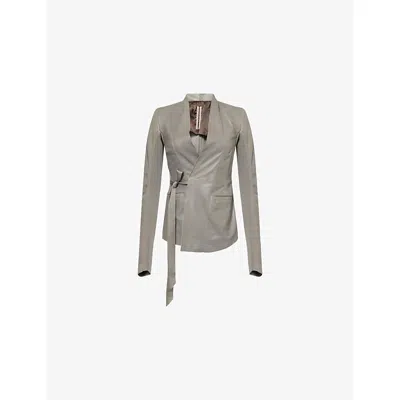 Rick Owens Womens Washed Indigo Hollywood Wrap-front Leather Jacket In Gray