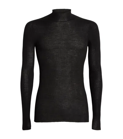 Rick Owens Wool Ribbed Lupetto Funnel Neck Sweater In Black