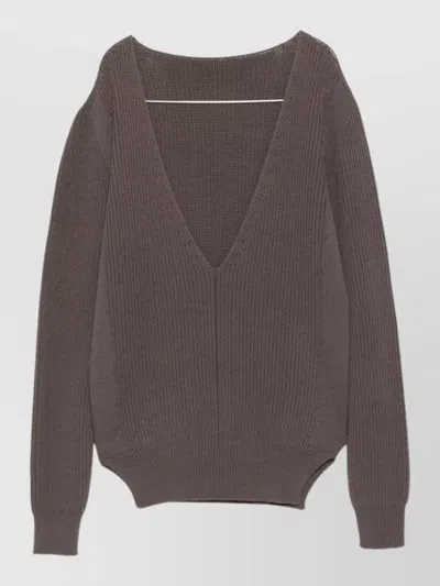 Rick Owens Wool V Neck Relaxed Ribbed Sweater In Brown