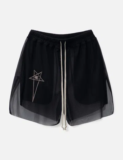 Rick Owens Champion Dolphin Straight-leg Embroidered Stretch Recycled-mesh Shorts In Black