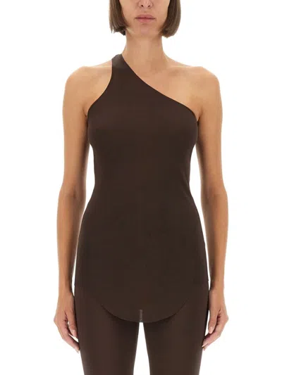 Rick Owens X Lilies Asymmetrical One-piece Top With Form-fitting Silhouette In Brown