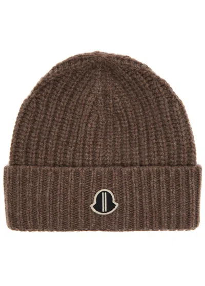 Rick Owens X Moncler Logo Wool-blend Beanie In Taupe