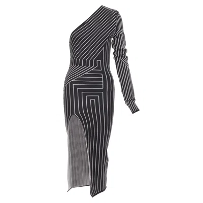 Rick Owens Ziggy Geometric Graphic Lines One Shoulder Slit Dress Rosalia In Multi