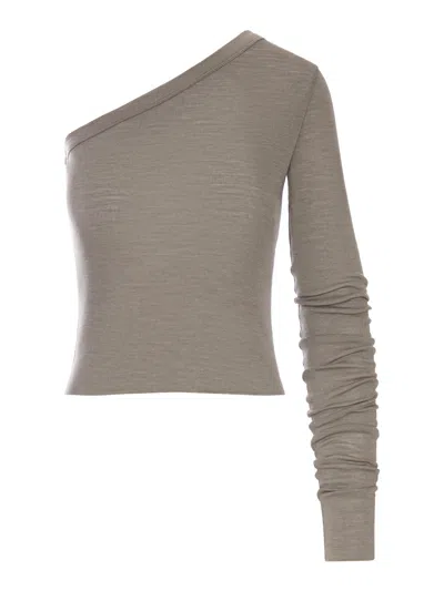 Rick Owens Ziggy T One-shoulder Jersey Top With Long Sleeves In Brown