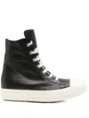 Rick Owens Black High Top Sneakers With Oversized Laces In Leather In Black
