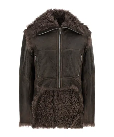 Rick Owens Zip Leather Jacket In Brown