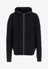 Rick Owens Black Hooded Sweatshirt With Front Zip Closure In Wool Man In Multi