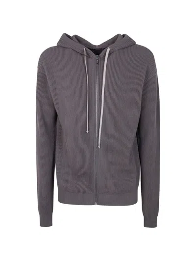 Rick Owens Zipperd Hoodie Knit Jacket In Gray