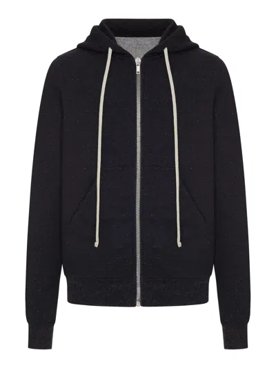 Rick Owens Zip-up Cotton Sweatshirt With Melange Hoodie In Black