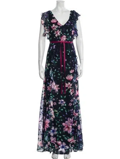 Pre-owned Rickie Freeman Floral Print Midi Length Dress In Blue