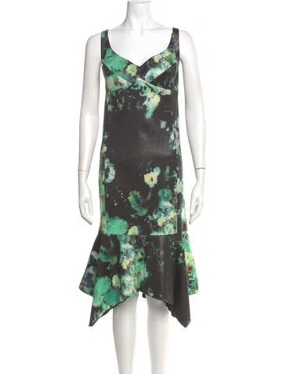 Pre-owned Rickie Freeman Floral Print Midi Length Dress In Green