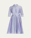 Rickie Freeman For Teri Jon 3/4-sleeve Belted Midi Shirtdress In Lilac