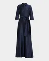 Rickie Freeman For Teri Jon 3/4-sleeve Drop Waist Mikado Shirt Gown In Navy
